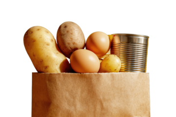 Close-up of a brown paper bag filled with fresh potatoes, eggs, and a silver can