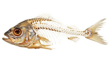 Dried fish skeleton with intricate bone structure, detailed view isolated on transparent background