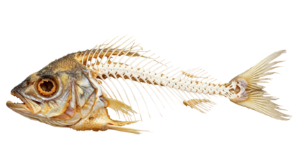Dried fish skeleton with intricate bone structure, detailed view isolated on transparent background