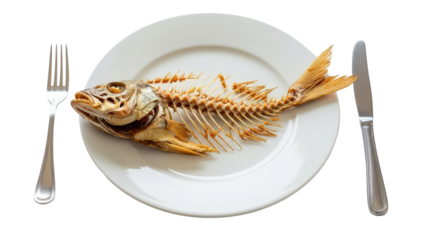Completely eaten fish skeleton on white plate with fork and knife isolated on transparent background