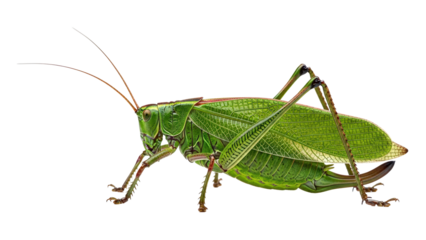 Large green leaf-like bush cricket or katydid insect isolated isolated on transparent background