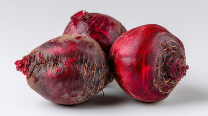 A close up shot of three fresh red beets stacked together on a plain white background surface