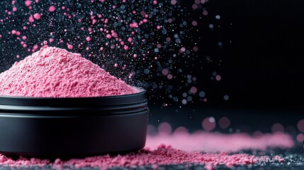 A black container filled with pink powder, with some powder exploding outwards, creating a bokeh effect against a black background.