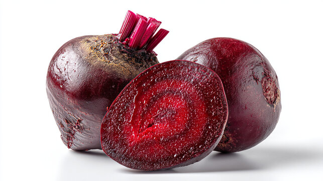 Close up view of two whole beets and one halved beet on a white surface showing the inside