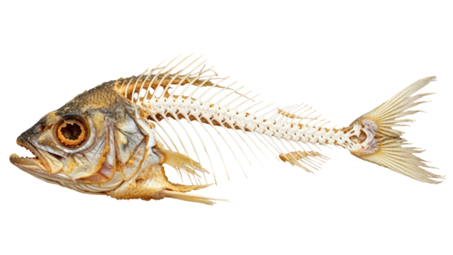 Dried fish skeleton with intricate bone structure, detailed view isolated on transparent background
