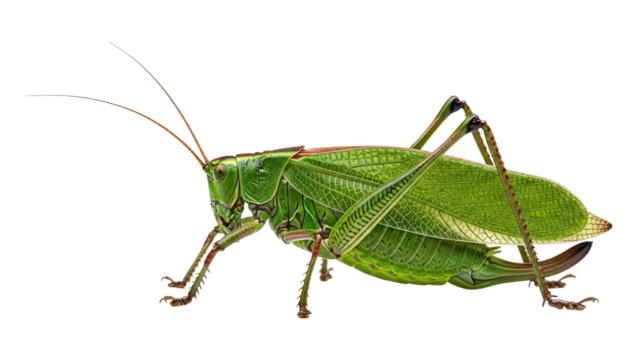 Large green leaf-like bush cricket or katydid insect isolated isolated on transparent background
