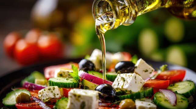 Golden liquid flows from a glass container onto a fresh mixed vegetable and cheese dish