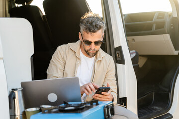 Remote worker checking phone