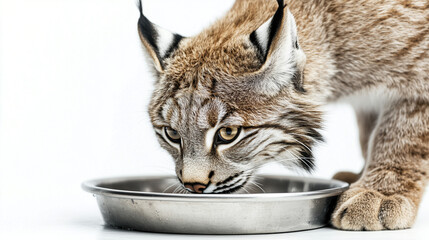 A lynx drinking water from a metal bowl on a clean white background