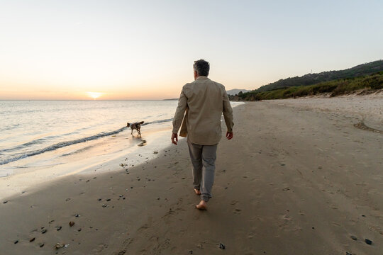 Man walking along shore with dog at sunset