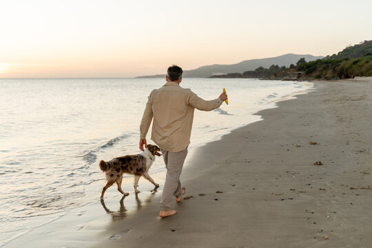 Man playing fetch with dog on beach
