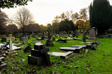 Overturned and fallen gravestones in an old cemetery