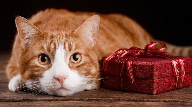 Curious orange tabby cat lies next to a sparkling red holiday present