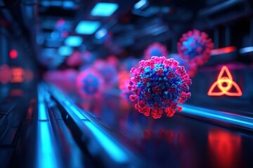 Hazard Biohazard Evacuation concept. Digital visualization of a virus in a futuristic environment.