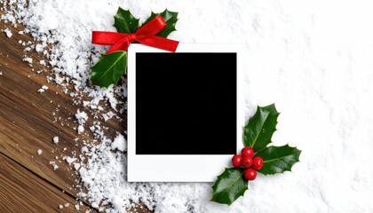 Christmas holiday flat lay with blank polaroid frame holly berries and snow on wood.