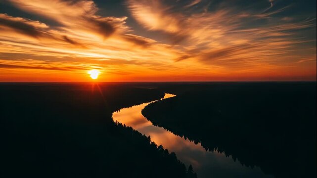 Aerial view of a winding river reflecting the vibrant orange and yellow hues of a dramatic sunset over a dark forest landscape