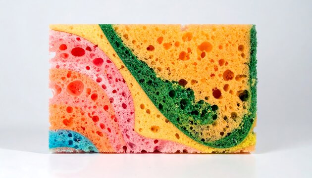 Colorful sponge for cleaning with vibrant patterns and textures.