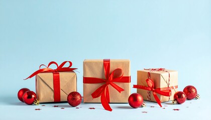 Festive Christmas Gift Boxes with Red Ribbons and Ornaments on Blue Background.