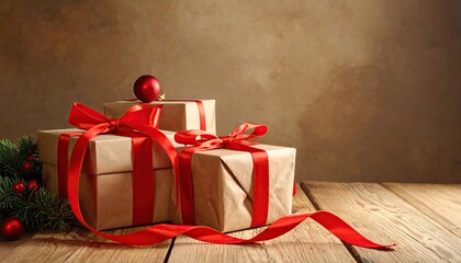 Festive Christmas gift boxes wrapped in brown paper with red ribbons and ornaments.