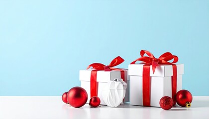Festive Christmas gift boxes adorned with red ribbons and ornaments.