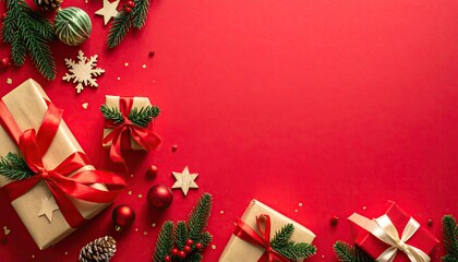 Festive Christmas flat lay with gifts ornaments and pine branches on red background.