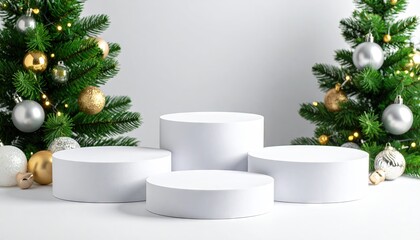 Minimalist Christmas scene featuring empty white podiums for product display surrounded by decorated trees with baubles and lights.
