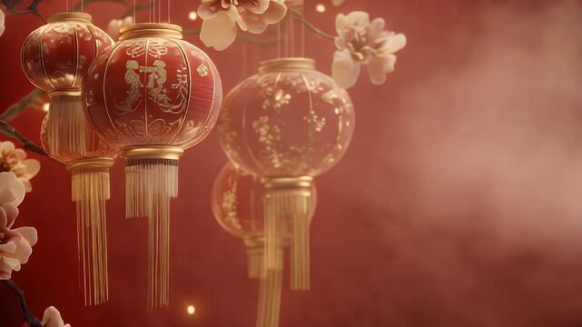 Traditional Chinese Red Lanterns With Gold Accents Hang Under Cherry Blossoms With Soft Bokeh Lights
