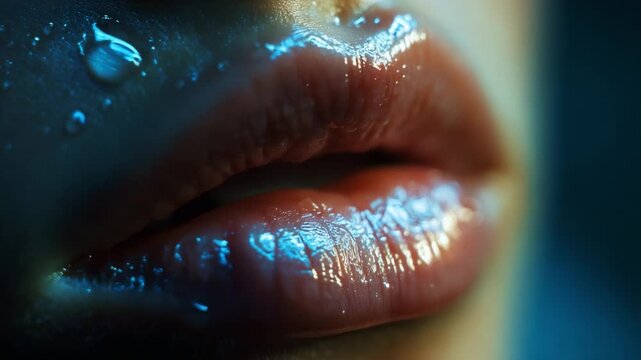 Close-up of Glossy, Moist Lips with Water Drops, Capturing a Sensual and Intimate Moment, Highlighting the Natural Beauty of Full, Luscious Lips in a Dimly Lit Setting