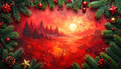 Enchanting Christmas Forest Scene with Warm Sunset and Festive Border.