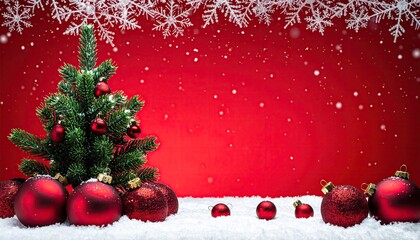 Festive Christmas Tree Decorated with Red Ornaments and Falling Snowflakes.