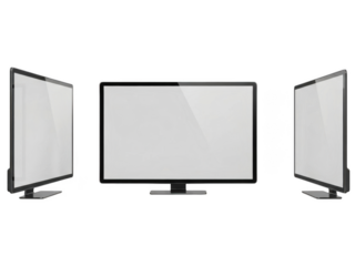 Three modern flat screen tvs displaying light gray screens in a row transparent background