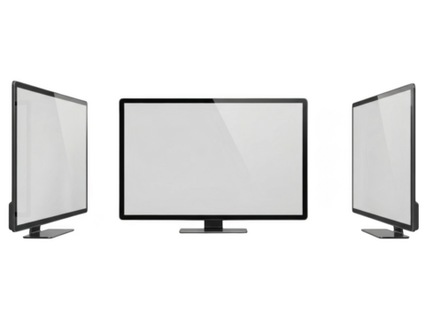 Three modern flat screen tvs displaying light gray screens in a row transparent background