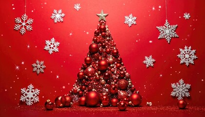 Festive Red Christmas Tree Decoration with Snowflakes and Ornaments.