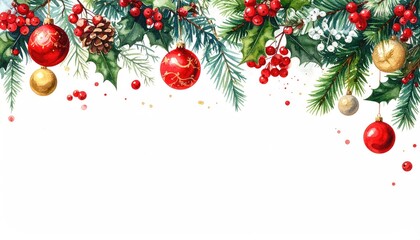 Watercolor Christmas Border with Pine Branches Holly Berries and Ornaments.
