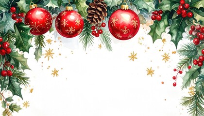 Watercolor Christmas Border with Red Ornaments Holly and Pine Branches.