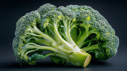 A single head of broccoli with florets and thick stem on a dark background studio shot