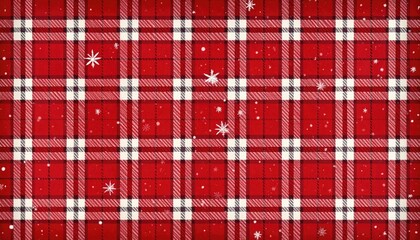 Red and white tartan plaid pattern with falling snowflakes for winter holidays.
