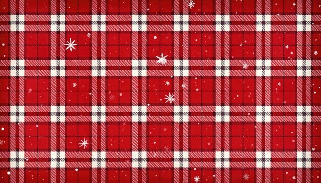 Red and white tartan plaid pattern with falling snowflakes for winter holidays.