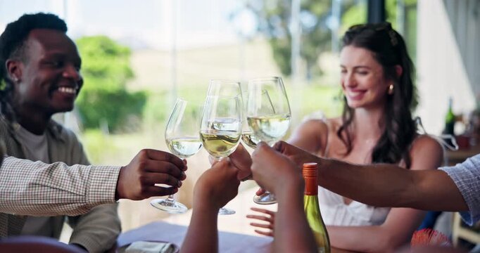 Friends, toast or smile in restaurant with wine for social gathering, milestone or bonding together. People, laugh or cheers with alcohol drink at table for celebration, weekend break and connection.