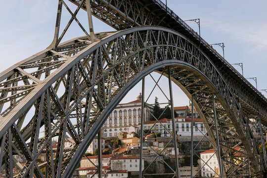 Dom Luis I Bridge arches over Porto's Ribeira district