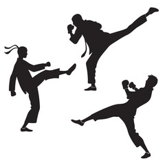 Three martial artists in silhouette performing kicks