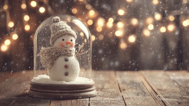 Charming miniature figure of a winter snowman encased within a glass globe rests upon a rustic wooden surface beneath falling snow and soft ambient lights