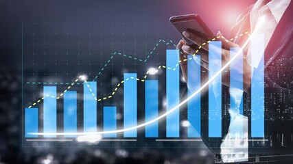 A businessman analyzes financial data on his smartphone while surrounded by graphs and charts, set against a blurred urban cityscape at night, conveying business growth. Copula - Powered by Adobe