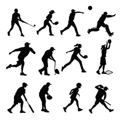 Twelve Black Silhouettes of People Playing Sports baseball