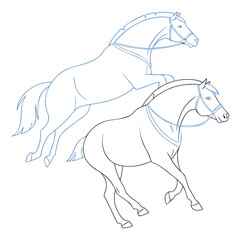 Two horses outlined in black and blue on white background