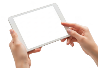 Closeup of female hands holding a white tablet computer with blank screen, isolated on transparent background