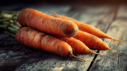 A close up shot of a bunch of fresh carrots with green tops laying on a rustic wooden surface