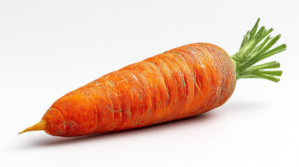 A single orange carrot with green leafy top lying on a white surface in a studio setting