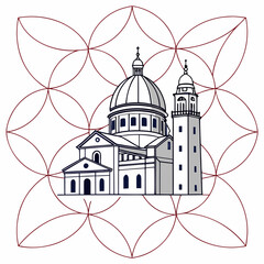 White church building with dome and bell tower on geometric pattern