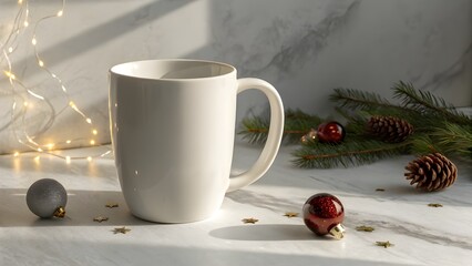 Cozy Christmas Morning A Blank Ceramic Mug Ready for Festive Warmth, Surrounded by Holiday Decorations and Natural Elements with Holiday Lights